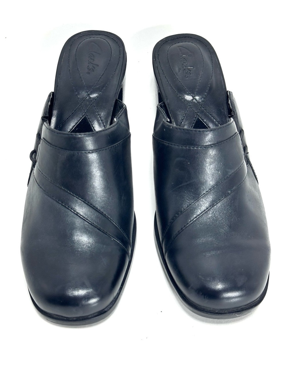 Clark’s Black Leather Mules with chunky block heel 9M